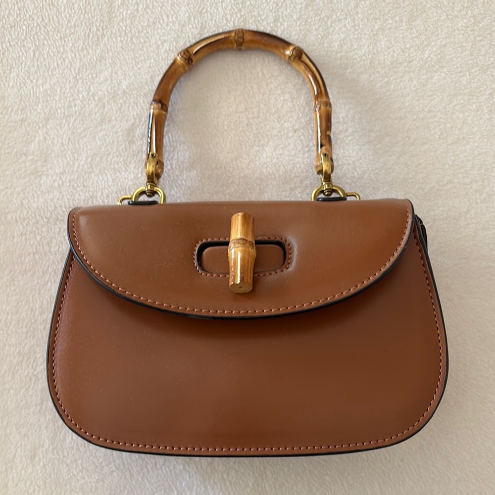 Brown Leather Handbag with Bamboo Handle